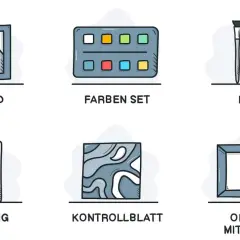 Illustrationen von Leinwand, Farbset, Pinseln, Anleitung, Kontrollblatt und optionalem Rahmen.