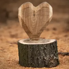 Holzskulptur in Herzform auf einem Baumstumpf, umgeben von Holzspänen.