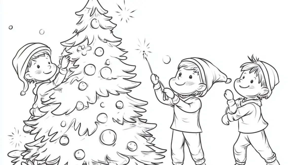 Drei Kinder schmücken einen Weihnachtsbaum mit Sternspritzern und Kugeln.
